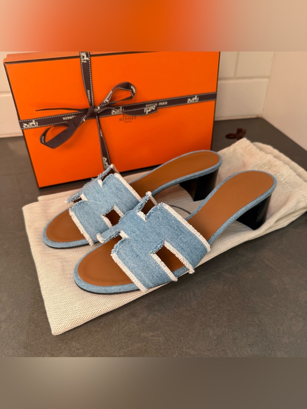 Hermes Denim Fringe Oasis Sandals Limited Edition NIB size 38 European
